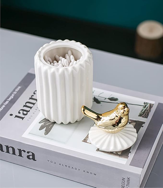 Cotton Swab Holder Qtip, Q-Tips Container with Lid, Ceramics Cotton Ball Canister Canister Toothpick Holder Dispenser for Vanity Dresser Counter Bathroom (Bird)