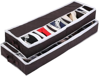 OSALADI Multi-purpose Small Shoe Storage Box with Window Non-woven Portable Shoes Organizer for Closet and Dormitory Space-saving Sectioned Storage Case in Coffee Color