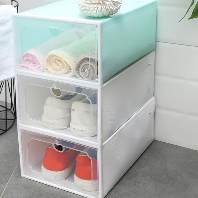 Gatuida 6pcs Large Plastic Shoe Storage Boxes with Flip- Design, Thickened Stackable Shoe Organizer for Closet Storage, Pearl White