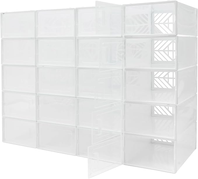 20 Pack Shoe Storage Boxes, Plastic Stackable Foldable Shoe Boxes with Clear Front Opening Door for Sneakers Flats Slippers Sandals Casual Shoes, Space Saving, 13.58*9.06*5.51in (White)