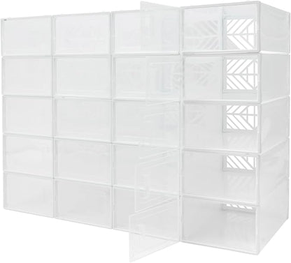 20 Pack Shoe Storage Boxes, Plastic Stackable Foldable Shoe Boxes with Clear Front Opening Door for Sneakers Flats Slippers Sandals Casual Shoes, Space Saving, 13.58*9.06*5.51in (White)