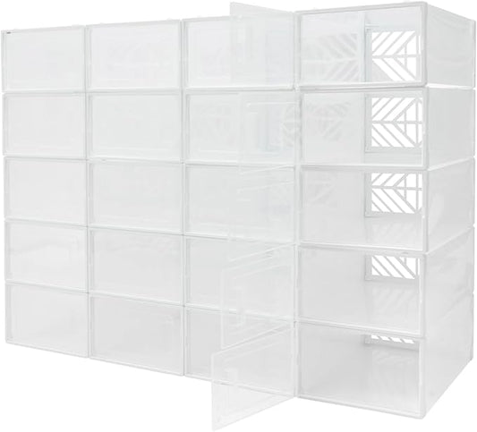20 Pack Shoe Storage Boxes, Plastic Stackable Foldable Shoe Boxes with Clear Front Opening Door for Sneakers Flats Slippers Sandals Casual Shoes, Space Saving, 13.58*9.06*5.51in (White)