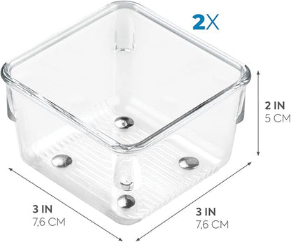 iDesign Linus Plastic Drawer Organizer, Storage Container for Vanity, Bathroom, Kitchen Drawers, 3" x 3" x 2", Set of 2, Clear