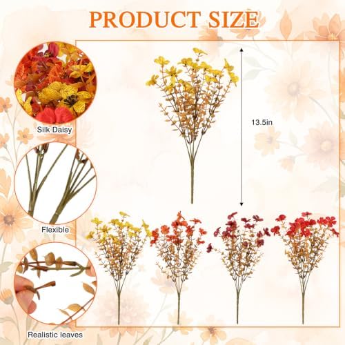 CEWOR 12 Bundles Fall Artificial Flowers for Outdoor Indoor, Fake Silk Daisy with Eucalyptus Leaves, Autumn Faux Flower for Garden Patio Home Decor (4 Multicolor) - Image 2