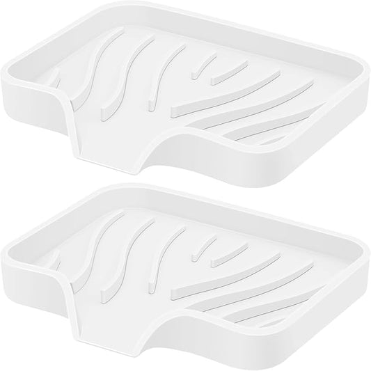 Silicone Soap Dish with Drain, SAISN Kitchen Soap Tray for Shower 2 Pack Self Draining Soap Dish Soft Bathroom Soap Holder for Kitchen Sink Flexible Portable Soap Saver, White