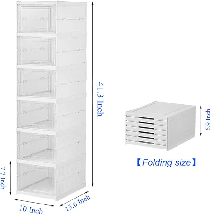 6-Tier Shoe Rack Shoe Storage Box Bins Clear Collapsible Plastic Installation-Free Stackable Foldable Tote with Lids Organizing Dustproof