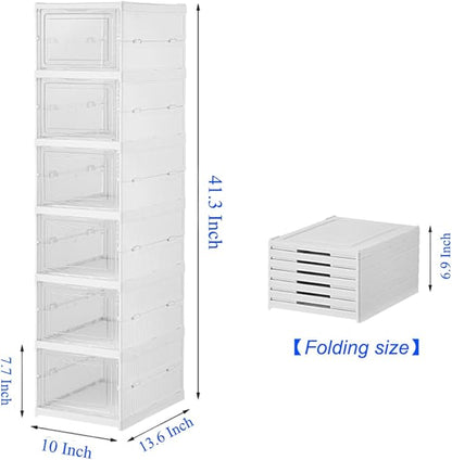 6-Tier Shoe Rack Shoe Storage Box Bins Clear Collapsible Plastic Installation-Free Stackable Foldable Tote with Lids Organizing Dustproof
