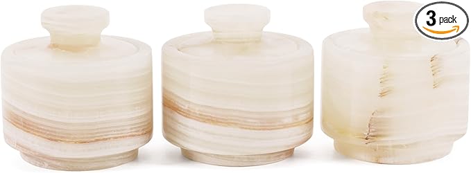 MARBLOUS KRAFTS 3" White Onyx Marble Salt Cellars with Lids, Flaky Salt Holder, Spice Container, Sugar Jar for Countertop, Set of 3 Kitchen Storage Bowls, Perfect Mother’s Day Gift for Her