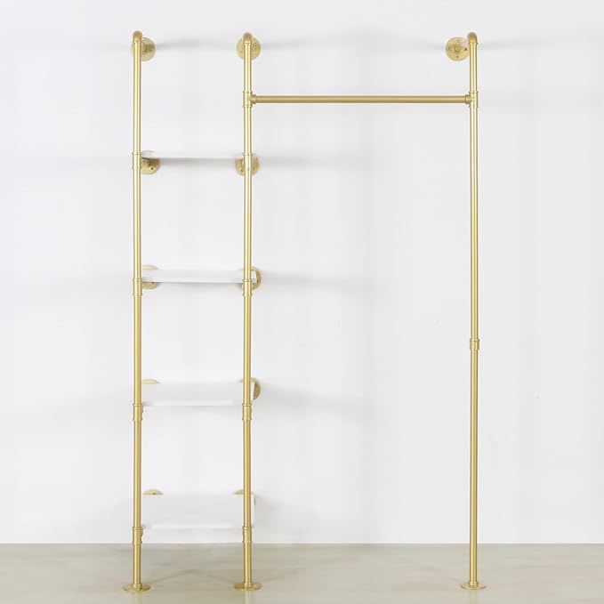 Garment Rack Heavy Duty Clothes Rack for Hanging Clothes, Metal Freestanding Closet Wardrobe Shelf, Gold Industrial Pipe Clothing Racks with Shelves Closet Rods System