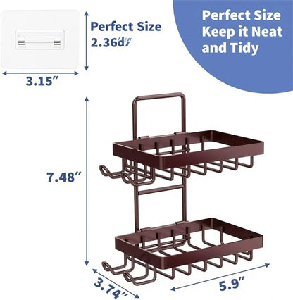 Moforoco Brown Double Soap Bar Holder for Shower, No Drilling, 304 Stainless Steel, Wall Mounted Soap Holder with 4 Hooks and Razor Holder, Shower Rack Soap Tray Bar Soap for Bathroom Accessories