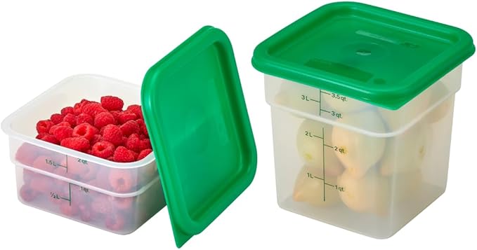 Cambro Food Storage Container with Lid (Microwave Safe and BPA-Free) - 2 Pack - Classic Series Square with Green Lid - 2 and 4 QT (Quart) - Commercial Grade for Food Prep (Translucent)