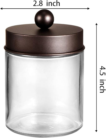 Amolliar 4Pc Apothecary Jars Bathroom Vanity Storage Organizer Set -Countertop Canister with Stainless Steel Lids &Cute Stickers - Qtip Dispenser Holder for Qtips,Cotton Swabs,Makeup Sponges (Bronze)
