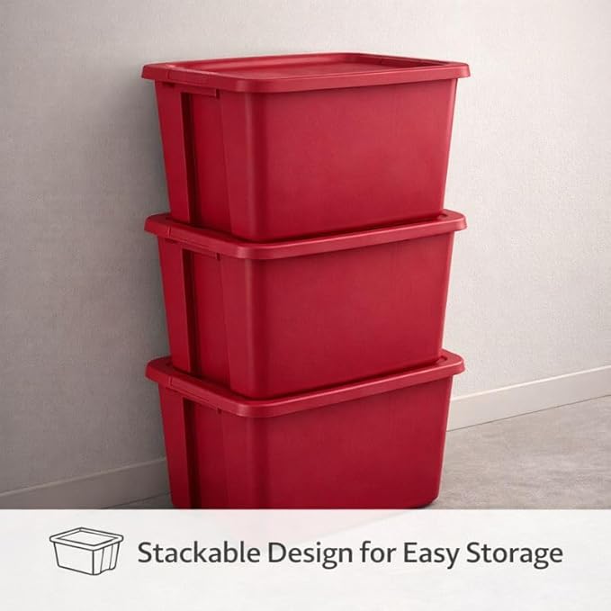 18 Gallon Plastic Storage Tote with Secure Snap-On Lid, Stackable Storage Bin for Linens, Seasonal Decor, Keepsakes & Home Organization (Red)