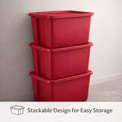 18 Gallon Plastic Storage Tote with Secure Snap-On Lid, Stackable Storage Bin for Linens, Seasonal Decor, Keepsakes & Home Organization (Red)