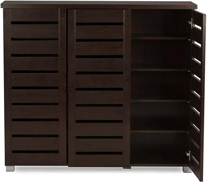BOWERY HILL Contemporary 3 Door Wooden Shoe Cabinet, 20 Pairs Shoe Rack Storage Organizer in Dark Brown