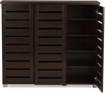BOWERY HILL Contemporary 3 Door Wooden Shoe Cabinet, 20 Pairs Shoe Rack Storage Organizer in Dark Brown