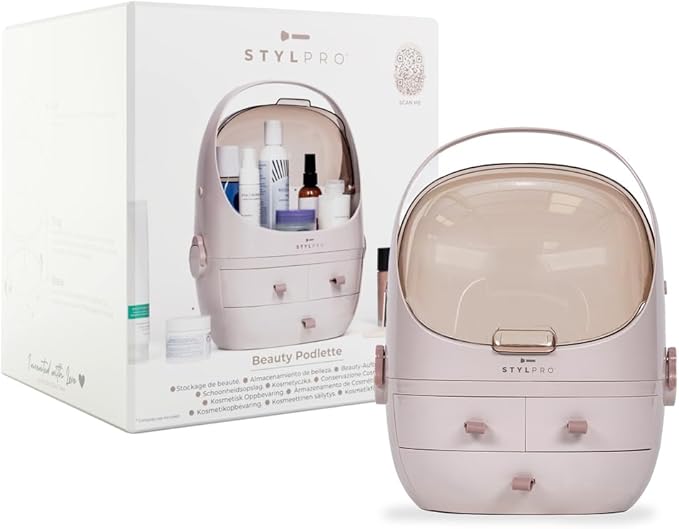 STYLPRO Beauty Storage Pod, Cosmetics & Skincare Organiser with 3 Drawers, Detachable Lid, Dustproof Cover & Travel Handle for Dresser, Bedroom, Bathroom & Home Organisation