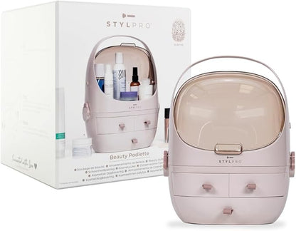 STYLPRO Beauty Storage Pod, Cosmetics & Skincare Organiser with 3 Drawers, Detachable Lid, Dustproof Cover & Travel Handle for Dresser, Bedroom, Bathroom & Home Organisation