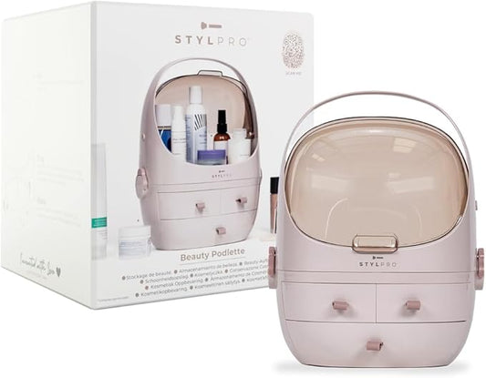 STYLPRO Beauty Storage Pod, Cosmetics & Skincare Organiser with 3 Drawers, Detachable Lid, Dustproof Cover & Travel Handle for Dresser, Bedroom, Bathroom & Home Organisation