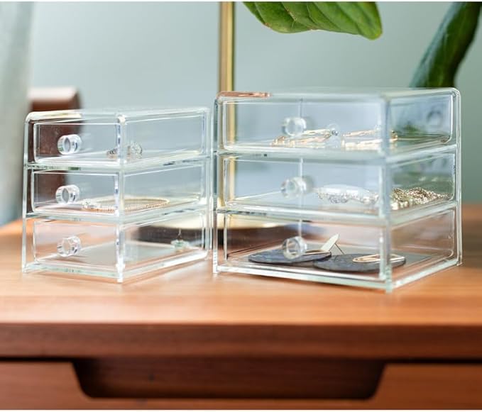 Huang Acrylic Clear Acrylic 3-Drawer Organizer, Large Makeup Jewelry Accessories Cosmetic Countertop Storage Display 5.15 x 4.7 x 4.5 inches