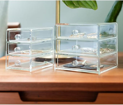 Huang Acrylic Clear Acrylic 3-Drawer Organizer, Large Makeup Jewelry Accessories Cosmetic Countertop Storage Display 5.15 x 4.7 x 4.5 inches