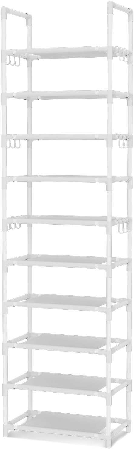 VTRIN 10 Tiers Tall Shoe Rack Holds 20-25 Pairs of Shoes Sturdy Vertical Shoe Organizer with 18pcs Hooks Stackable Narrow Shoe Rack for Closet, Entryway White