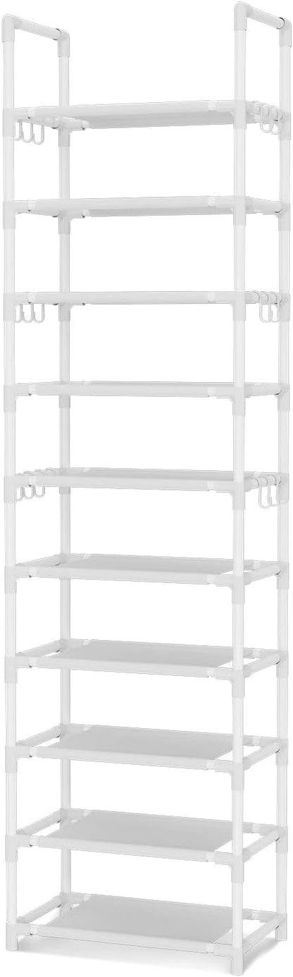 VTRIN 10 Tiers Tall Shoe Rack Holds 20-25 Pairs of Shoes Sturdy Vertical Shoe Organizer with 18pcs Hooks Stackable Narrow Shoe Rack for Closet, Entryway White