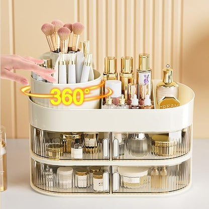 Makeup Organizer for Vanity 360 Rotating Brush Holder Cosmetic Storage with Dustproof Drawer Large Countertop Skincare Display Case for Jewelry Perfume Lotions