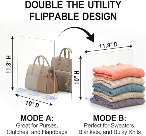 Acrylic Shelf Dividers for Closet Organization: 8 Pack Clear Removable 10/11.8" Tall X 11.8/10" Deep Clipless Separators for All Cabinets, Vertical Adjustable Storage Clothes, Purse, Bag Organizer - Image 2
