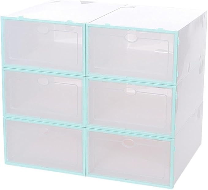 6pcs Stackable Shoes Storage Boxes with Thickened Plastic Shoe Container for Men Blue Frame White Lid Closet Organizer and Boot Storage