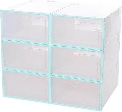6pcs Stackable Shoes Storage Boxes with Thickened Plastic Shoe Container for Men Blue Frame White Lid Closet Organizer and Boot Storage
