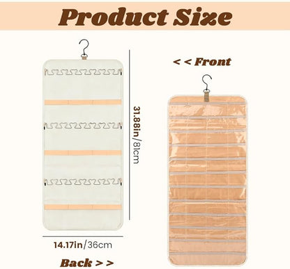 48 Pocket Oxford Fabric Double Sided Hanging Rotating Jewelry Organizer, Bracelet Necklace Jewelry Display Hanger for Closet Door, Earring Dustproof Holder Wall Mount Accessories(Off-white)