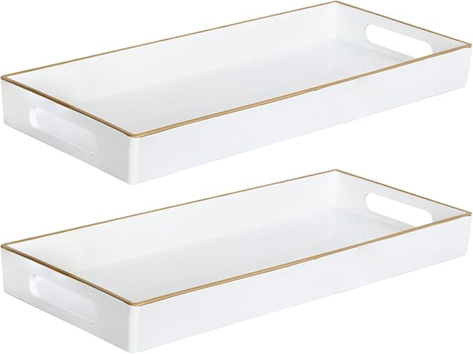 MAONAME White Vanity Tray Set of 2, Plastic Decorative Tray with Handles, Long Narrow Trays, Rectangular Bathroom Trays for Toilet Tank, 13.8" X 6" X 1.57"