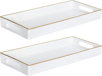 MAONAME White Vanity Tray Set of 2, Plastic Decorative Tray with Handles, Long Narrow Trays, Rectangular Bathroom Trays for Toilet Tank, 13.8" X 6" X 1.57"