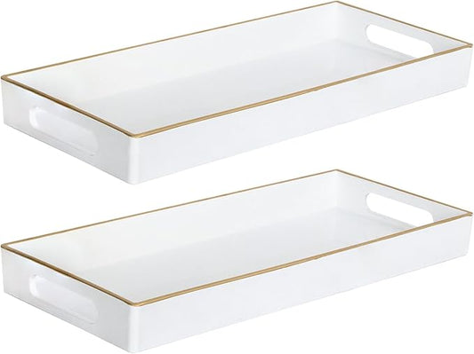 MAONAME White Vanity Tray Set of 2, Plastic Decorative Tray with Handles, Long Narrow Trays, Rectangular Bathroom Trays for Toilet Tank, 13.8" X 6" X 1.57"