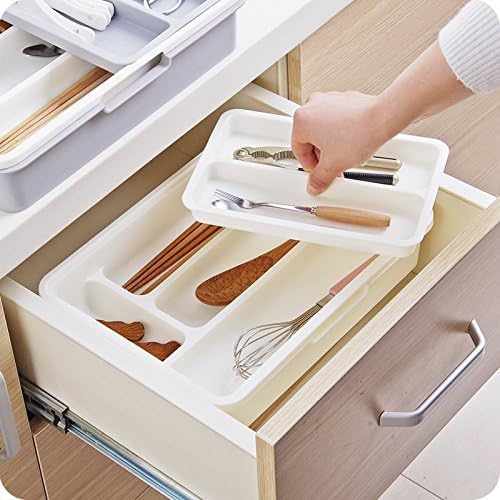 HornTide 3-in-1 Cutlery Tray, Expandable Utensils Holder, Plastic Kitchen Drawer Organizer for Silverware Storage and More - White
