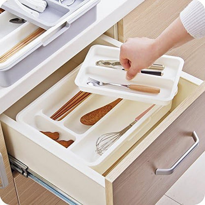 HornTide 3-in-1 Cutlery Tray, Expandable Utensils Holder, Plastic Kitchen Drawer Organizer for Silverware Storage and More - White