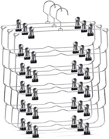 Space Saving 5 Tier Metal Skirt Hanger with Clips (3pk) Hang 6-on-1, Gain 70% More Space,360 Swivel Hook,Adjustable Clips Pants Hanger,Hang Slack,Trouser,Towels