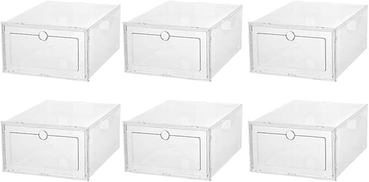 6Pcs Transparent Shoe Storage Boxes Drawer Style Stackable Plastic Shoe Organizers with Large Capacity and Dustproof Containers for Home Closet and Sneaker Storage