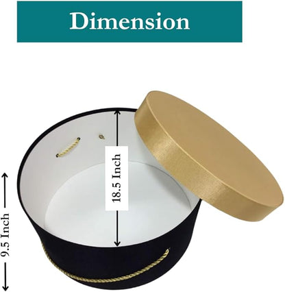 Sarah's Hat Boxes Classic Black/Gold Hat Box – 18.5" x 9.5" (Dia. x Ht.) Handmade in USA – Odorless Non-Toxic Adhesive, Cording Handle – Premium Storage for Hats & Accessories