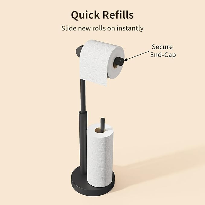 YUMORE Toilet Paper Holder Stand, Free Standing Toilet Paper Holder with Storage, Weighted Base Open-Ring Stainless Steel Tissue Organizer (Matte Black)