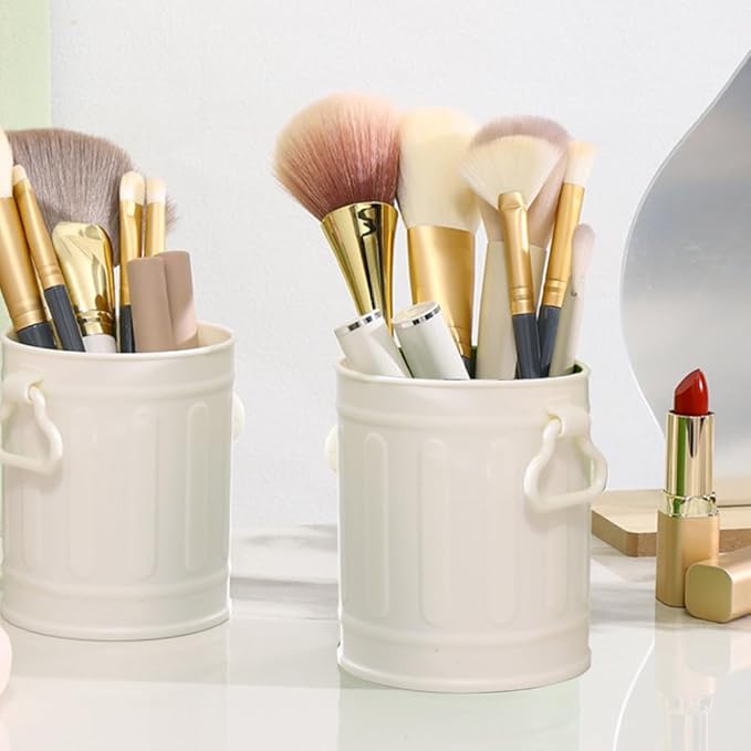 OULIGET Desktop Metal Makeup Brush Holder Organizer,Pen Storage Container Office Desk Trash Can,Storage Pen Holder Storage Tank Vase with 2 Handles