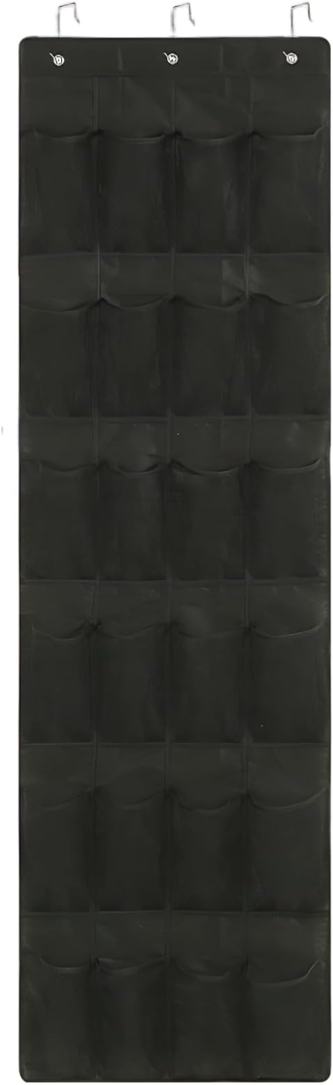 Hanging Shoe Organizer, Shoe Hanger for Door 24 Mesh Pocket Over The Door Organizer Space Saving Hanging Storage Holder with Hooks 64x19 Inch Black