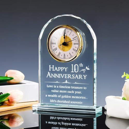 YWHL 10 Year Wedding Anniversary Clock Gifts for Couples, Laser Engraved 10th Anniversary Glass Keepsake for Him Her, 10 Year Wedding Gifts for Wife Husband (Battery not Included - Image 5
