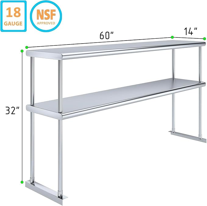60" x 14" NSF Stainless Steel Double Overshelf | 18-Gauge Heavy-Duty | Includes Brackets