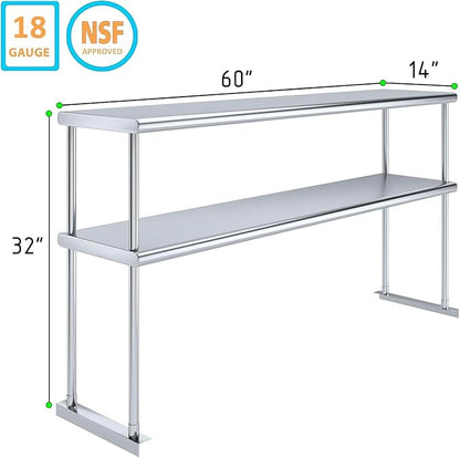 60" x 14" NSF Stainless Steel Double Overshelf | 18-Gauge Heavy-Duty | Includes Brackets