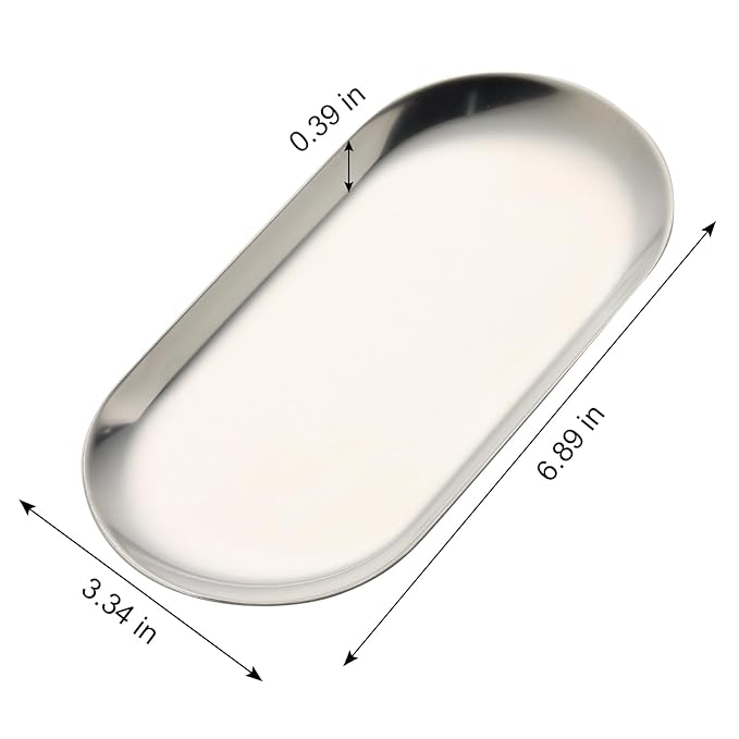 1Pcs Manicure Tools Storage Tray, Oval Stainless Steel Storage Dish Nail Art Accessory Display Tray Jewelry Rhinestone Cosmetic Nail Decorations Organizer Metal Storage Plate (Silver)