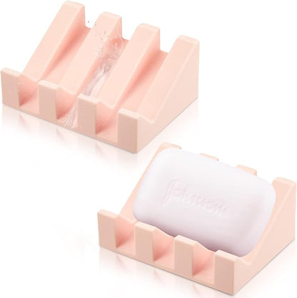 Cunhill 2 Pieces Silicone Soap Dish Self Draining Soap Dish Shower Waterfall Bar Soap Holder Tray with Drain Soap Saver for Kitchen Bathroom Accessories (Light Pink)