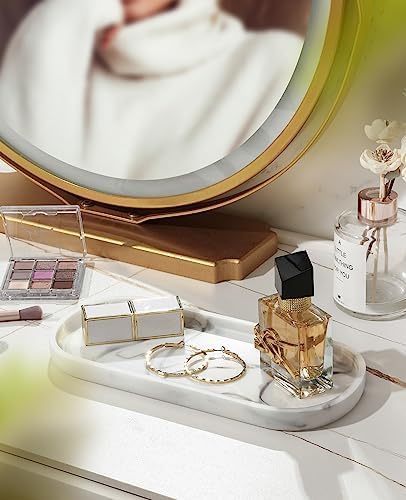 Emibele Oval Vanity Tray, 10" Bathroom Countertop Organizer Tray, Kitchen Sink Sponge Holder Soap Dispenser Resin Marble Tray for Perfume Jewelry Candle, Small, White Marble