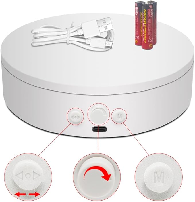 Rotating Display Stand with Type-C, 360 Motorized Spinning Display Turntable Adjustable Speed and Direction, Cup Turner for Tumblers, Photography Lazy Susan for Jewerly Display (white, 4.53'')